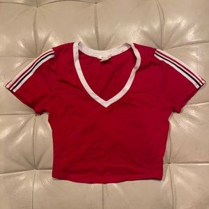 Red V-Neck Cropped Tee with Striped Sleeves